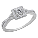 0.50 Carat (ctw) 10K White Gold Princess & Round Diamond Ladies Swirl Split Shank Bridal Halo Style Engagement Ring 1/2 CT
