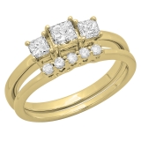0.90 Carat (ctw) 14K Yellow Gold Princess & Round Cut Diamond Ladies 3 Stone Bridal Engagement Ring With Matching 5 Stone Wedding Band Set