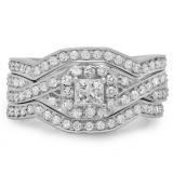 1.25 Carat (ctw) 10K White Gold Princess & Round Cut Diamond Ladies Swirl Split Shank Bridal Halo Engagement Ring With Matching Bands 3 pcs Set 1 1/4 CT