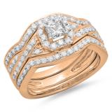 1.25 Carat (ctw) 14K Rose Gold Princess & Round Cut Diamond Ladies Swirl Split Shank Bridal Halo Engagement Ring With Matching Bands 3 pcs Set 1 1/4 CT