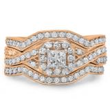 1.25 Carat (ctw) 14K Rose Gold Princess & Round Cut Diamond Ladies Swirl Split Shank Bridal Halo Engagement Ring With Matching Bands 3 pcs Set 1 1/4 CT