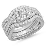 1.25 Carat (ctw) 14K White Gold Princess & Round Cut Diamond Ladies Swirl Split Shank Bridal Halo Engagement Ring With Matching Bands 3 pcs Set 1 1/4 CT