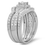1.25 Carat (ctw) 14K White Gold Princess & Round Cut Diamond Ladies Swirl Split Shank Bridal Halo Engagement Ring With Matching Bands 3 pcs Set 1 1/4 CT