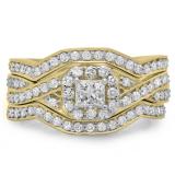 1.25 Carat (ctw) 14K Yellow Gold Princess & Round Cut Diamond Ladies Swirl Split Shank Bridal Halo Engagement Ring With Matching Bands 3 pcs Set 1 1/4 CT