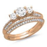 1.05 Carat (ctw) 14K Rose Gold Round Cut Diamond Ladies 3 Stone Bridal Engagement Ring With Matching Band Set 1 CT