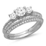 1.05 Carat (ctw) 14K White Gold Round Cut Diamond Ladies 3 Stone Bridal Engagement Ring With Matching Band Set 1 CT