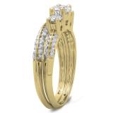 1.05 Carat (ctw) 14K Yellow Gold Round Cut Diamond Ladies 3 Stone Bridal Engagement Ring With Matching Band Set 1 CT