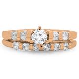 1.00 Carat (ctw) 10K Rose Gold Round Cut Diamond Ladies Bridal Solitaire With Accents Engagement Ring Matching Band Set 1 CT