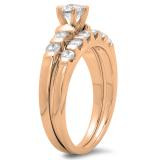 1.00 Carat (ctw) 10K Rose Gold Round Cut Diamond Ladies Bridal Solitaire With Accents Engagement Ring Matching Band Set 1 CT