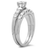 1.00 Carat (ctw) 10K White Gold Round Cut Diamond Ladies Bridal Solitaire With Accents Engagement Ring Matching Band Set 1 CT