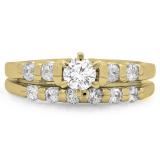 1.00 Carat (ctw) 10K Yellow Gold Round Cut Diamond Ladies Bridal Solitaire With Accents Engagement Ring Matching Band Set 1 CT