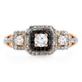 0.70 Carat (ctw) 10K Rose Gold Round Cut Black & White Diamond Ladies Bridal Cluster 3 Stone Halo Engagement Ring 3/4 CT