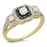 0.70 Carat (ctw) 10K Yellow Gold Round Cut Black & White Diamond Ladies Bridal Cluster 3 Stone Halo Engagement Ring 3/4 CT