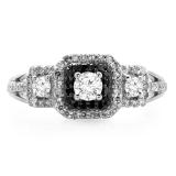 0.70 Carat (ctw) 14K White Gold Round Cut Black & White Diamond Ladies Bridal Cluster 3 Stone Halo Engagement Ring 3/4 CT