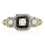 0.70 Carat (ctw) 14K Yellow Gold Round Cut Black & White Diamond Ladies Bridal Cluster 3 Stone Halo Engagement Ring 3/4 CT