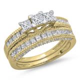 1.65 Carat (ctw) 10K Yellow Gold Princess & Round Cut Diamond Ladies Bridal 3 Stone Engagement Ring With Matching Band Set