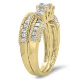 1.65 Carat (ctw) 10K Yellow Gold Princess & Round Cut Diamond Ladies Bridal 3 Stone Engagement Ring With Matching Band Set