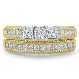 1.65 Carat (ctw) 10K Yellow Gold Princess & Round Cut Diamond Ladies Bridal 3 Stone Engagement Ring With Matching Band Set