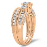 1.65 Carat (ctw) 14K Rose Gold Princess & Round Cut Diamond Ladies Bridal 3 Stone Engagement Ring With Matching Band Set