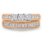 1.65 Carat (ctw) 14K Rose Gold Princess & Round Cut Diamond Ladies Bridal 3 Stone Engagement Ring With Matching Band Set
