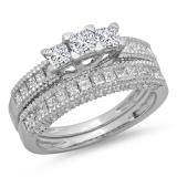 1.65 Carat (ctw) 14K White Gold Princess & Round Cut Diamond Ladies Bridal 3 Stone Engagement Ring With Matching Band Set