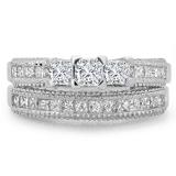 1.65 Carat (ctw) 14K White Gold Princess & Round Cut Diamond Ladies Bridal 3 Stone Engagement Ring With Matching Band Set