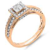 1.00 Carat (ctw) 10K Rose Gold Princess & Round Cut Diamond Ladies Bridal Engagement Ring 1 CT