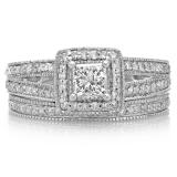 1.00 Carat (ctw) 10K White Gold Princess & Round Cut Diamond Ladies Split Shank Halo Bridal Engagement Ring With Matching Band Set 1 CT
