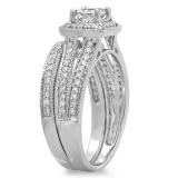 1.00 Carat (ctw) 10K White Gold Princess & Round Cut Diamond Ladies Split Shank Halo Bridal Engagement Ring With Matching Band Set 1 CT