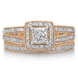 1.00 Carat (ctw) 14K Rose Gold Princess & Round Cut Diamond Ladies Split Shank Halo Bridal Engagement Ring With Matching Band Set 1 CT