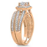 1.00 Carat (ctw) 14K Rose Gold Princess & Round Cut Diamond Ladies Split Shank Halo Bridal Engagement Ring With Matching Band Set 1 CT