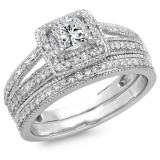 1.00 Carat (ctw) 14K White Gold Princess & Round Cut Diamond Ladies Split Shank Halo Bridal Engagement Ring With Matching Band Set 1 CT