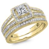 1.00 Carat (ctw) 14K Yellow Gold Princess & Round Cut Diamond Ladies Split Shank Halo Bridal Engagement Ring With Matching Band Set 1 CT