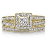 1.00 Carat (ctw) 14K Yellow Gold Princess & Round Cut Diamond Ladies Split Shank Halo Bridal Engagement Ring With Matching Band Set 1 CT