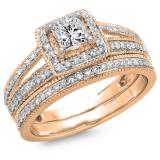 1.00 Carat (ctw) 18K Rose Gold Princess & Round Cut Diamond Ladies Split Shank Halo Bridal Engagement Ring With Matching Band Set 1 CT
