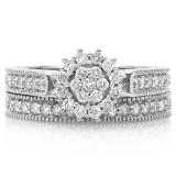 0.85 Carat (ctw) 10K White Gold Round Cut Diamond Ladies Vintage Style Bridal Cluster Engagement Ring With Matching Band Set