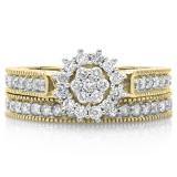 0.85 Carat (ctw) 10K Yellow Gold Round Cut Diamond Ladies Vintage Style Bridal Cluster Engagement Ring With Matching Band Set