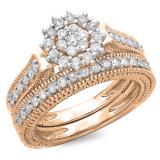 0.85 Carat (ctw) 14K Rose Gold Round Cut Diamond Ladies Vintage Style Bridal Cluster Engagement Ring With Matching Band Set