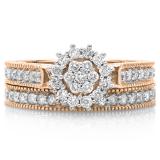 0.85 Carat (ctw) 14K Rose Gold Round Cut Diamond Ladies Vintage Style Bridal Cluster Engagement Ring With Matching Band Set