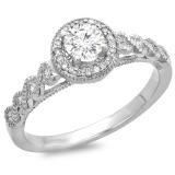 0.55 Carat (ctw) 10K White Gold Round Cut Diamond Ladies Bridal Vintage & Antique Milgrain Halo Style Engagement Ring 1/2 CT
