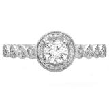 0.55 Carat (ctw) 14K White Gold Round Cut Diamond Ladies Bridal Vintage & Antique Milgrain Halo Style Engagement Ring 1/2 CT