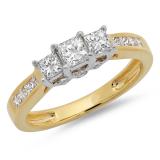 1.05 Carat (ctw) 10K Two Tone Gold Princess & Round Cut Diamond Ladies Bridal 3 Stone Engagement Ring 1 CT