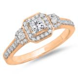 0.75 Carat (ctw) 10K Rose Gold Princess & Round Cut Diamond Ladies Bridal 3 Stone Halo Engagement Ring 3/4 CT