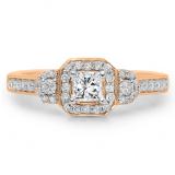 0.75 Carat (ctw) 10K Rose Gold Princess & Round Cut Diamond Ladies Bridal 3 Stone Halo Engagement Ring 3/4 CT