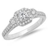 0.75 Carat (ctw) 10K White Gold Princess & Round Cut Diamond Ladies Bridal 3 Stone Halo Engagement Ring 3/4 CT