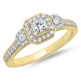 0.75 Carat (ctw) 10K Yellow Gold Princess & Round Cut Diamond Ladies Bridal 3 Stone Halo Engagement Ring 3/4 CT