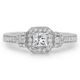 0.75 Carat (ctw) 18K White Gold Princess & Round Cut Diamond Ladies Bridal 3 Stone Halo Engagement Ring 3/4 CT