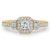 0.75 Carat (ctw) 18K Yellow Gold Princess & Round Cut Diamond Ladies Bridal 3 Stone Halo Engagement Ring 3/4 CT
