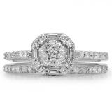 0.80 Carat (ctw) 10K White Gold Round & Baguette Cut Diamond Ladies Cluster Bridal Engagement Ring With Matching Band Set 3/4 CT