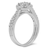 0.80 Carat (ctw) 10K White Gold Round & Baguette Cut Diamond Ladies Cluster Bridal Engagement Ring With Matching Band Set 3/4 CT